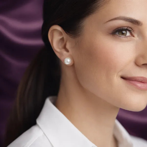 Silver Round Pearl Stud Earrings For Women