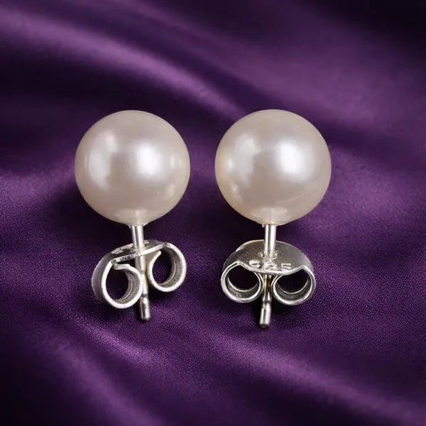 Silver Round Pearl Stud Earrings For Women