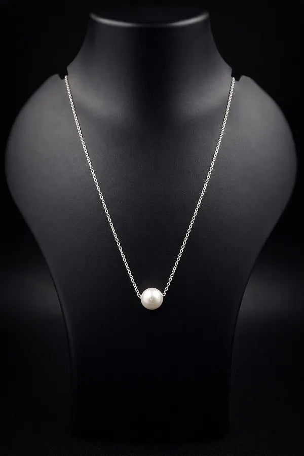 Silver Single Pearl Chain Necklace For Women