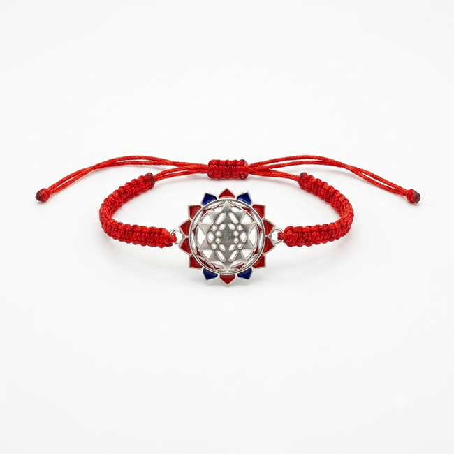 925 Sterling Silver Lakshmi Yantra Rakhi for Brother | Handcrafted Meenakari Adjustable Red Thread Raksha Bandhan Rakhi | Sacred Silver Rakhi | Made in India | Gift for Bhai