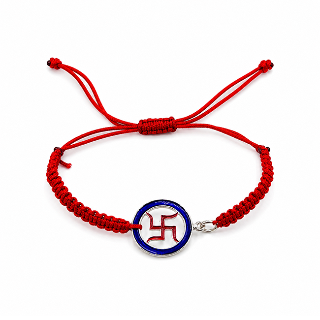 925 Sterling Silver Swastik Rakhi with Meenakari Work | Hallmarked Silver, Adjustable Red Thread, Handcrafted, Made in India, Sacred Spiritual