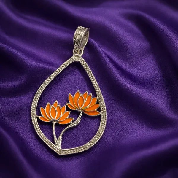 Silver Lotus Meenakari Pendant Folk Art Enamel Traditional Women Gift