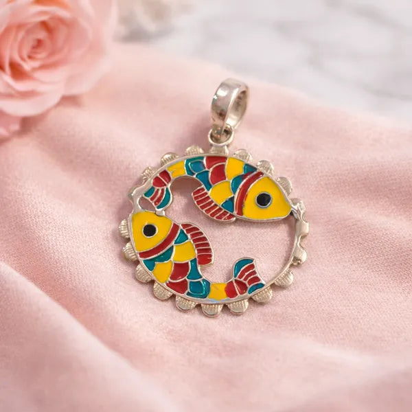 Colorful Fish Folk Art Meenakari Enamel Silver Pendant For Women Gift