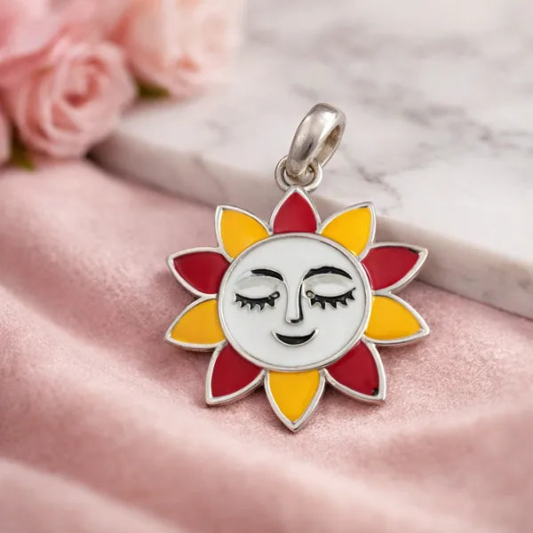Sun Face Meenakari Enamel Folk Art Silver Pendant For Women