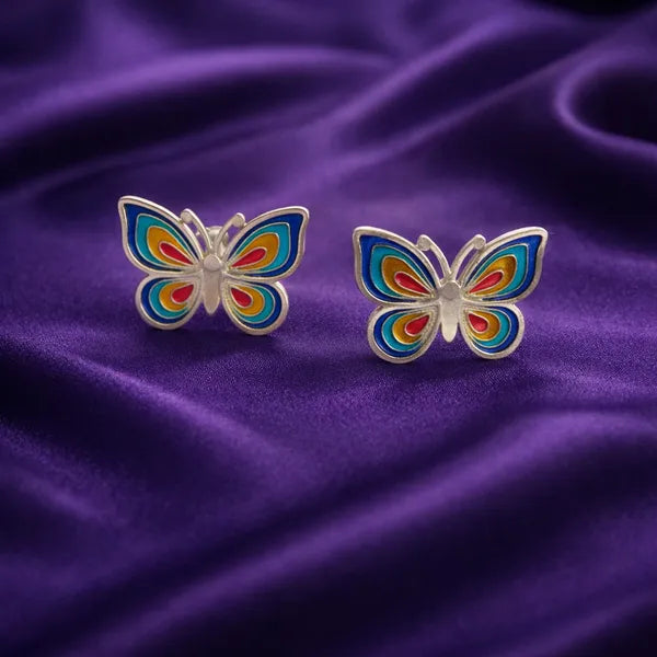Butterfly Meenakari Stud Earrings Folk Art Enamel Colorful Daily Wear Women