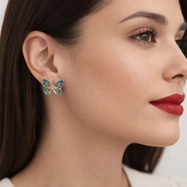Butterfly Meenakari Stud Earrings Folk Art Enamel Colorful Daily Wear Women
