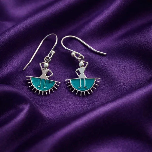 Silver Folk Art Meenakari Enamel Dangle Earrings Traditional Design Women