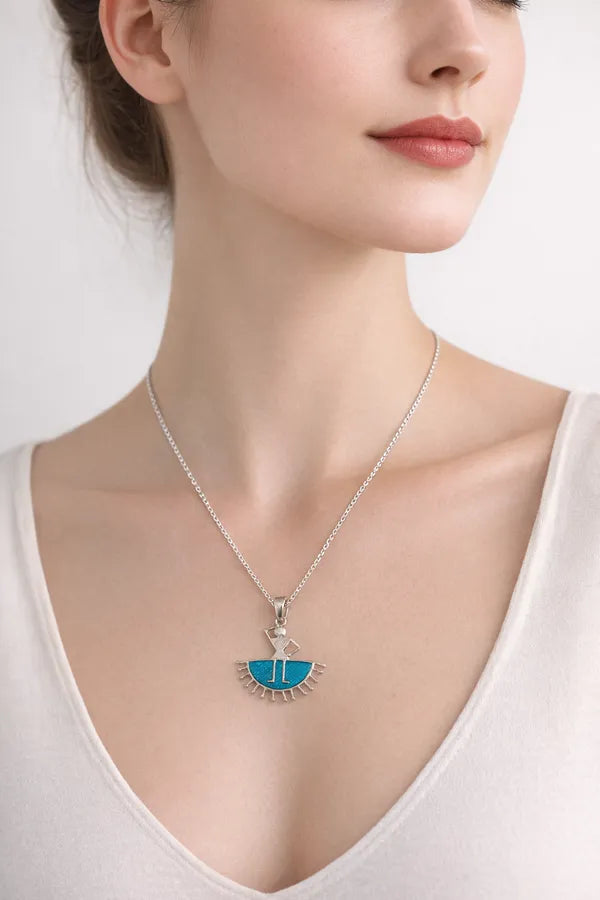 Silver Meenakari Folk Art Girl Pendant Enamel Traditional Necklace Charm