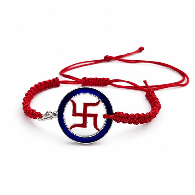 925 Sterling Silver Swastik Rakhi with Meenakari Work | Hallmarked Silver, Adjustable Red Thread, Handcrafted, Made in India, Sacred Spiritual