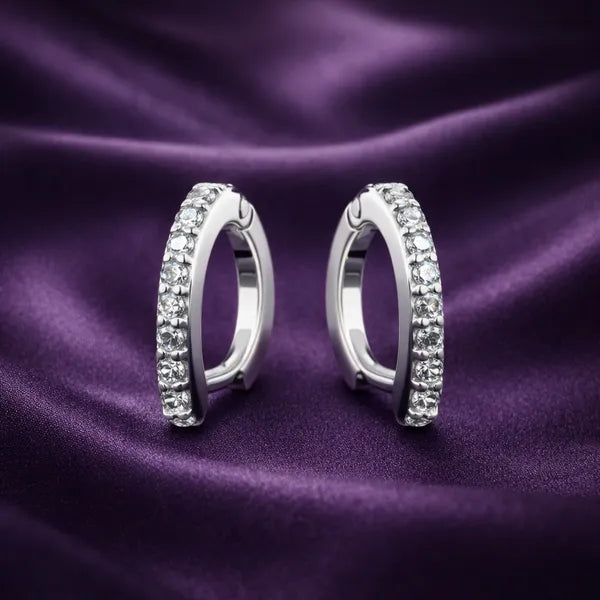 Silver Hoop Earrings Round Stone Design Small Stylish Jewelry For Women