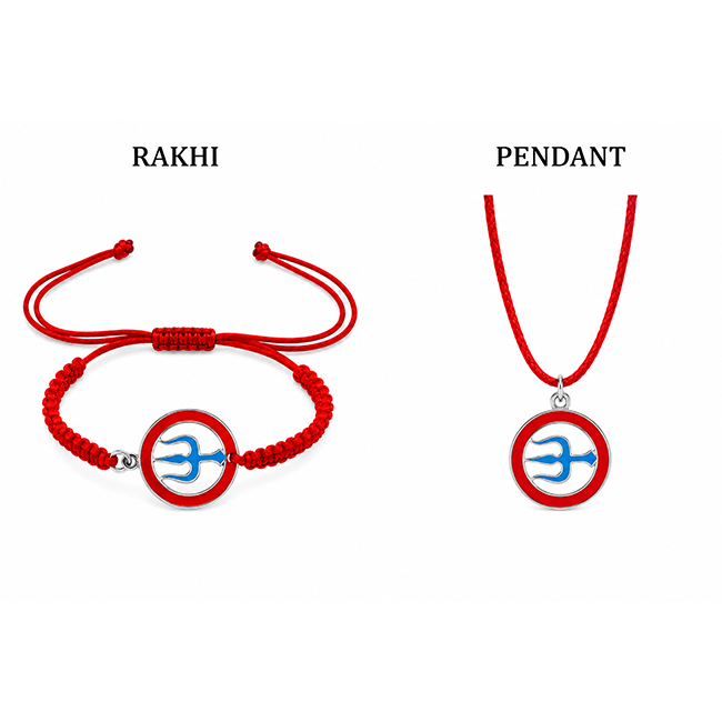 925 Sterling Silver Trishul Rakhi with Meenakari Red Thread | Hallmarked Silver, Handcrafted, Adjustable Thread, Sacred Shiv Design, Made in India