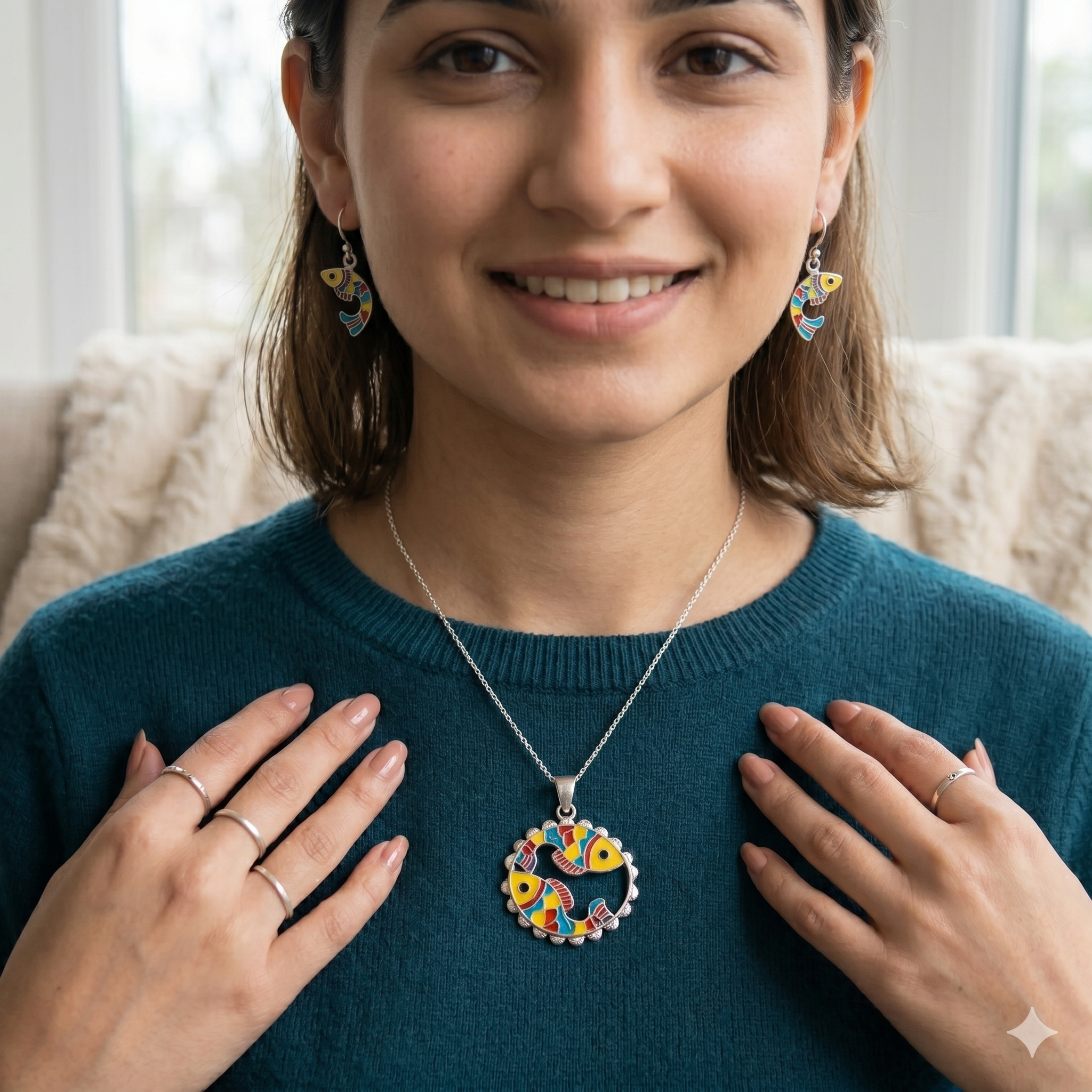 Colorful Fish Meenakari Pendant & Earrings Set