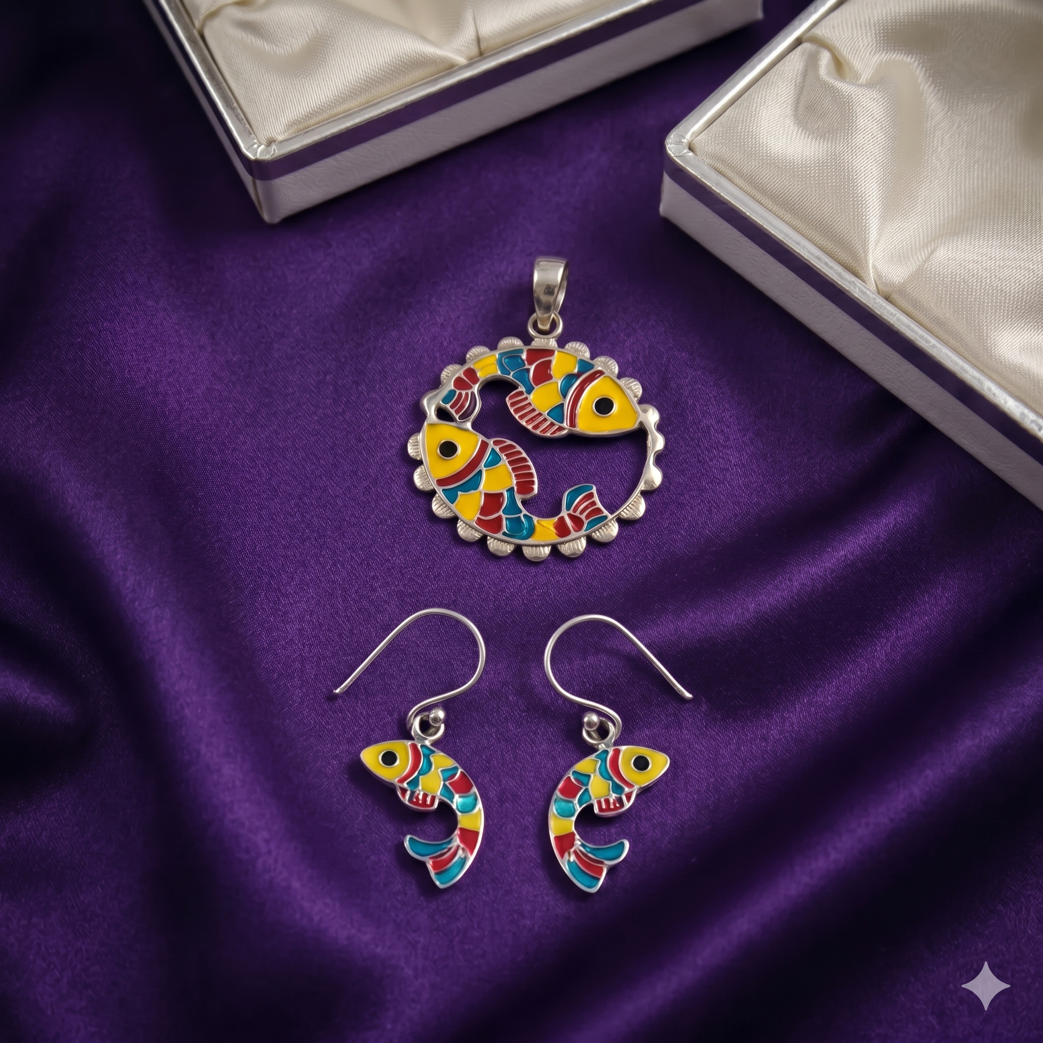 Colorful Fish Meenakari Pendant & Earrings Set