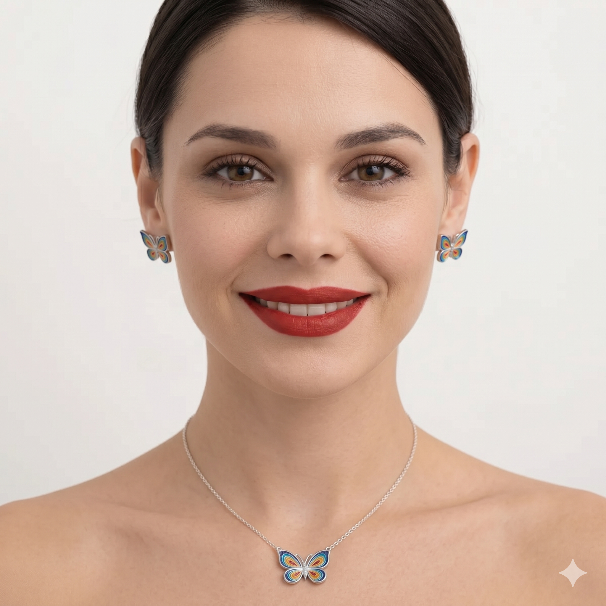 Silver Butterfly Meenakari Folk Art Pendant & Stud Earrings Set