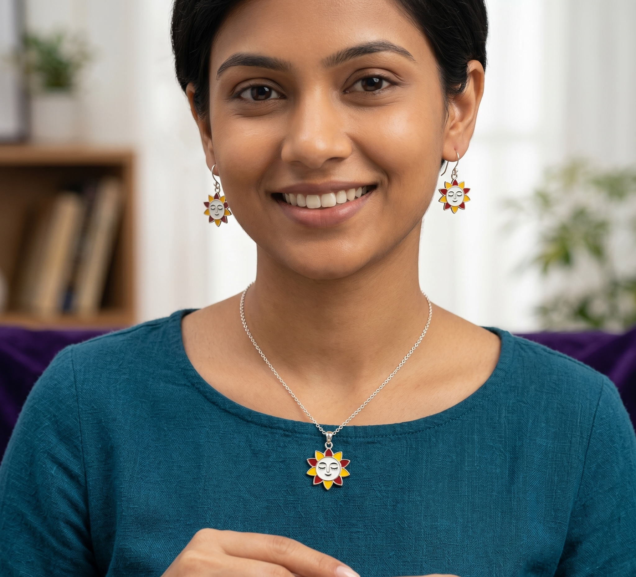 Sun Face Meenakari Pendant & Earrings Set