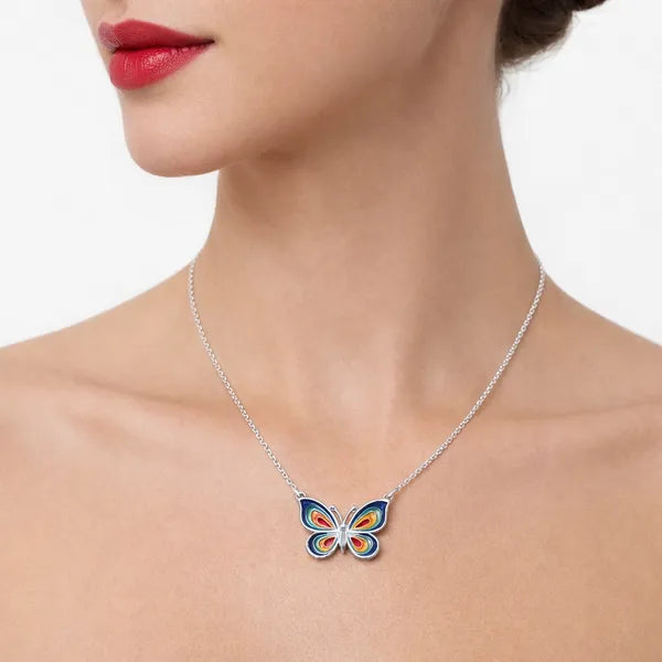 Silver Butterfly Meenakari Folk Art Enamel Pendant Traditional Colorful Jewelry