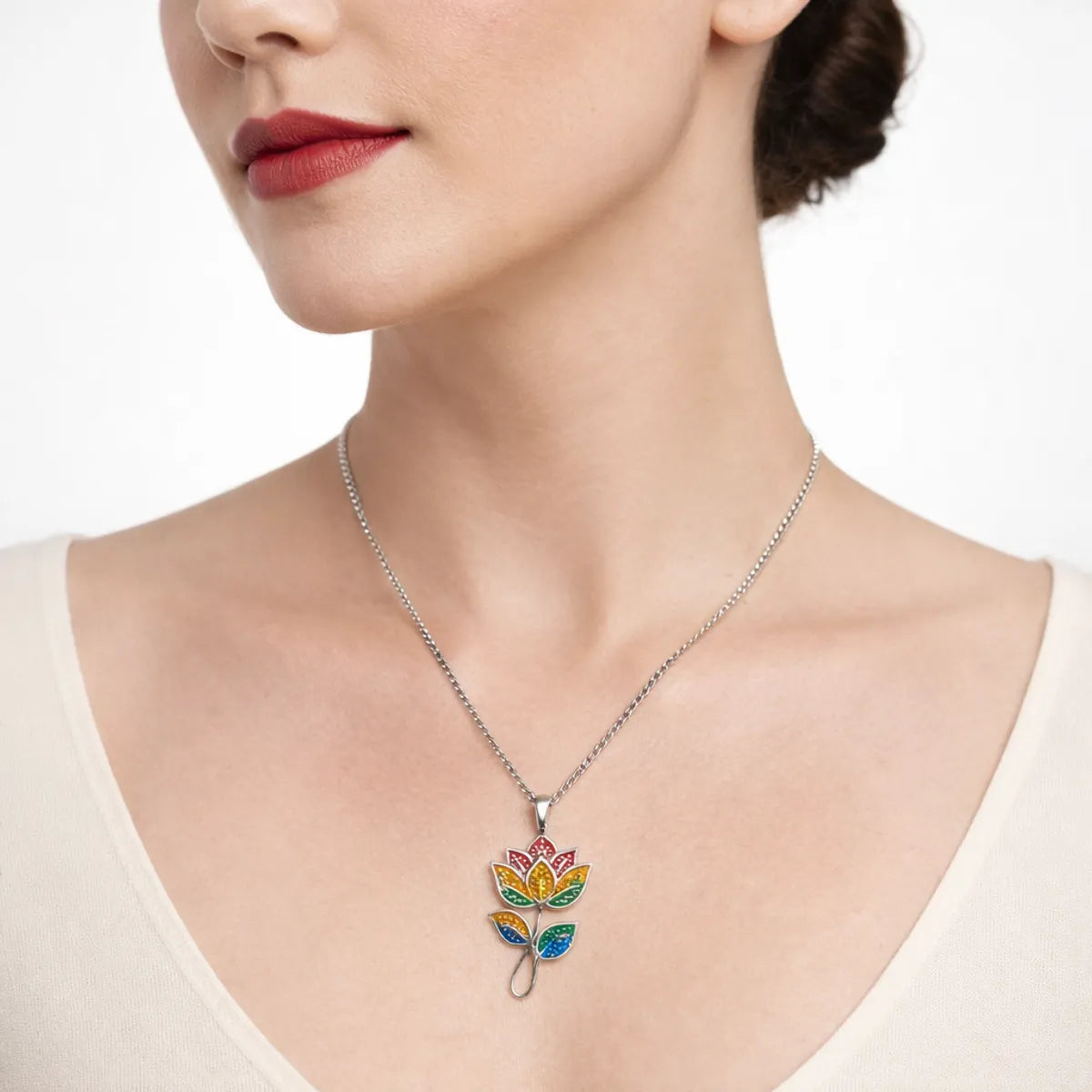 Silver Meenakari Flower Pendant Traditional Folk Art Enamel Jewelry