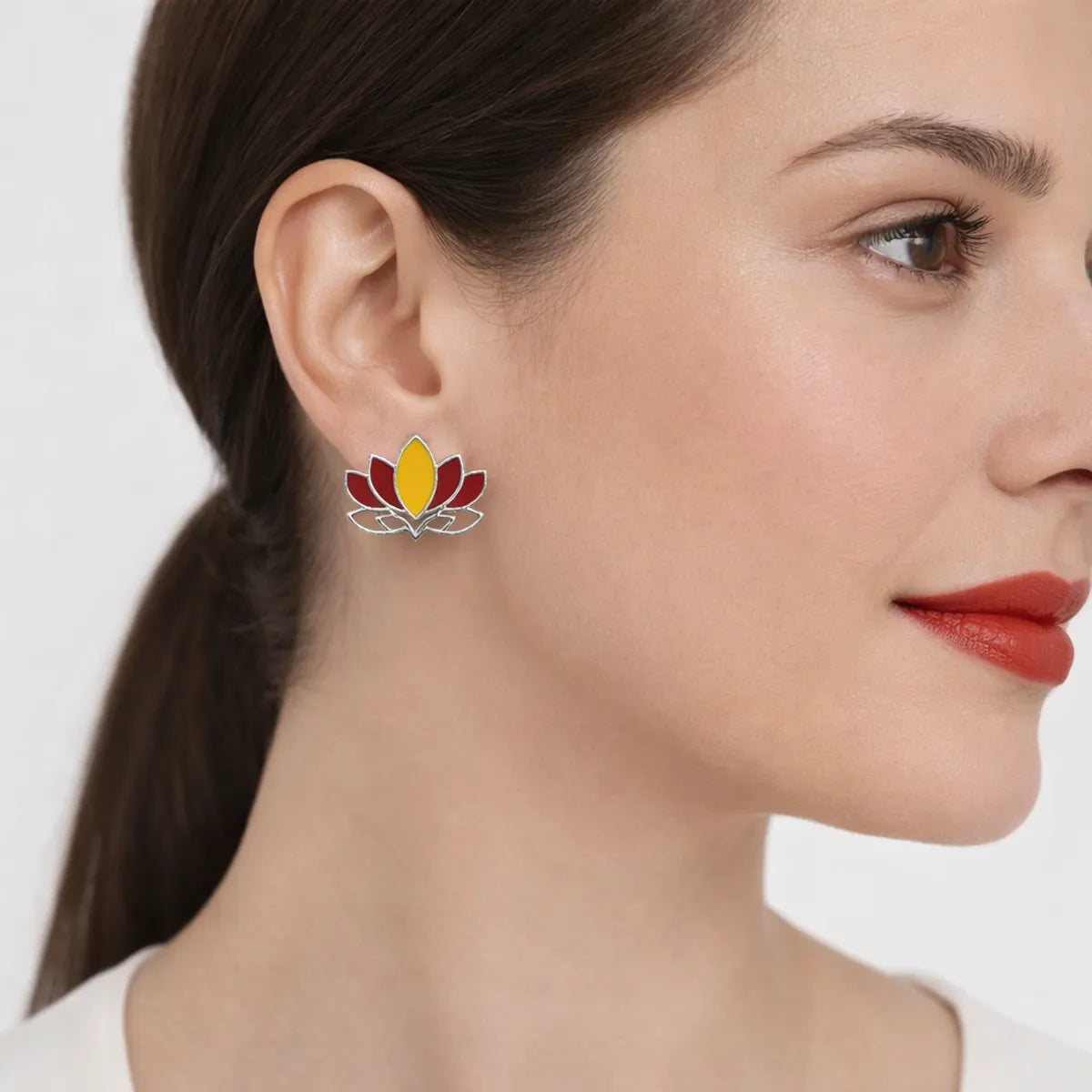 Lotus Flower Meenakari Enamel Silver Stud Earrings Traditional Folk Art