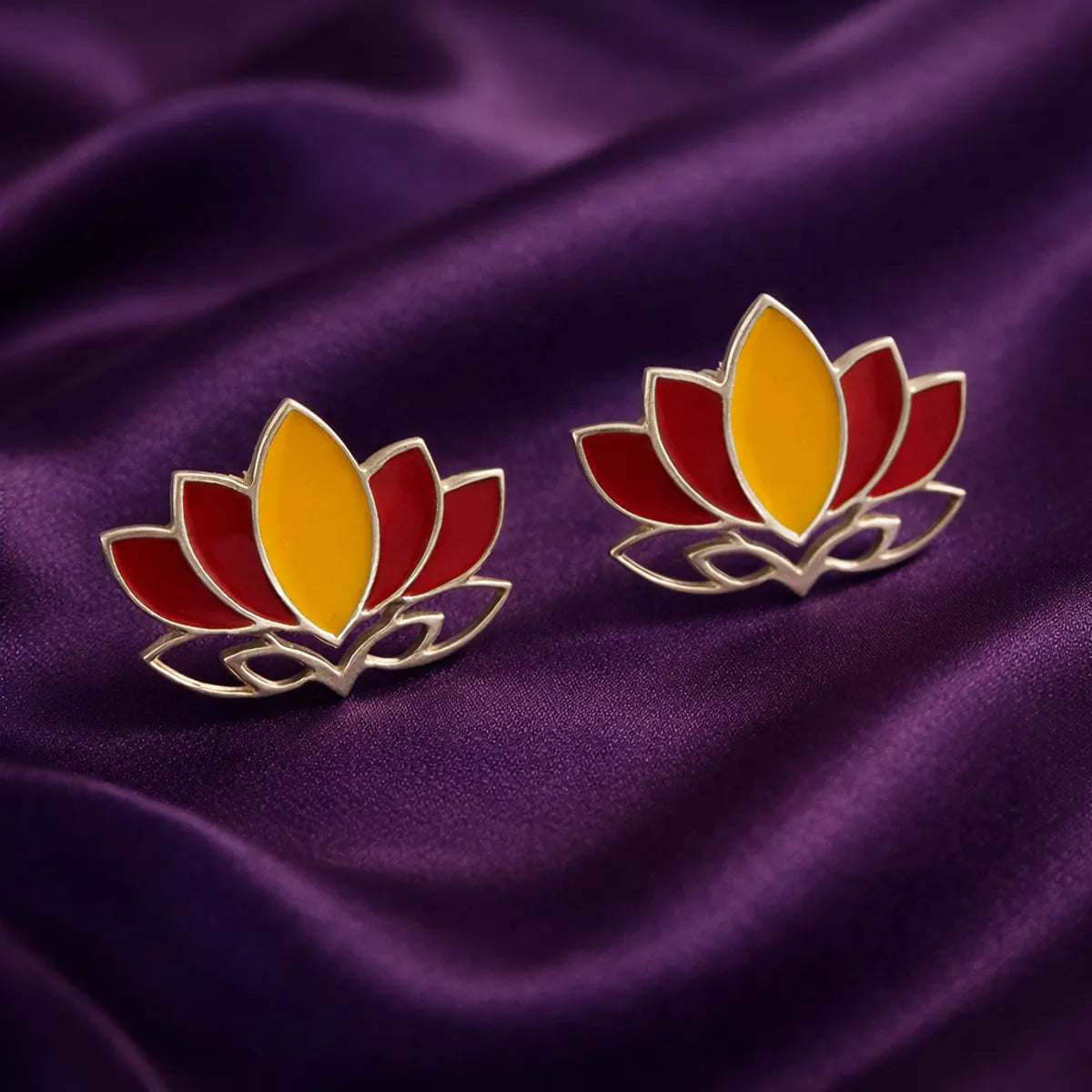 Lotus Flower Meenakari Enamel Silver Stud Earrings Traditional Folk Art