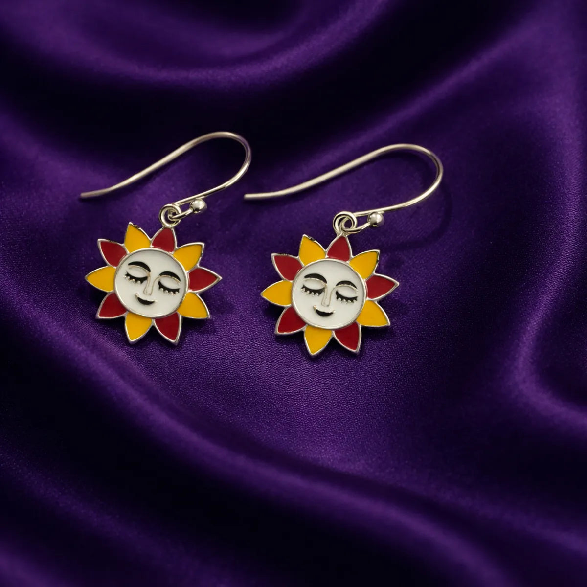 Sun Face Meenakari Silver Dangle Earrings Folk Art Enamel Women