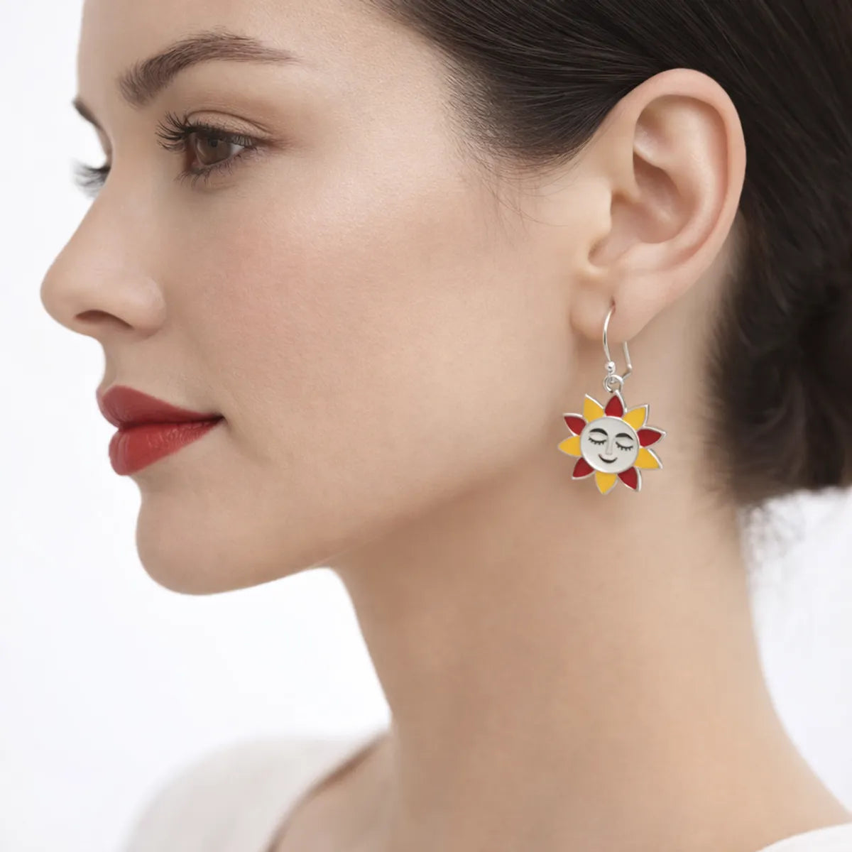 Sun Face Meenakari Silver Dangle Earrings Folk Art Enamel Women