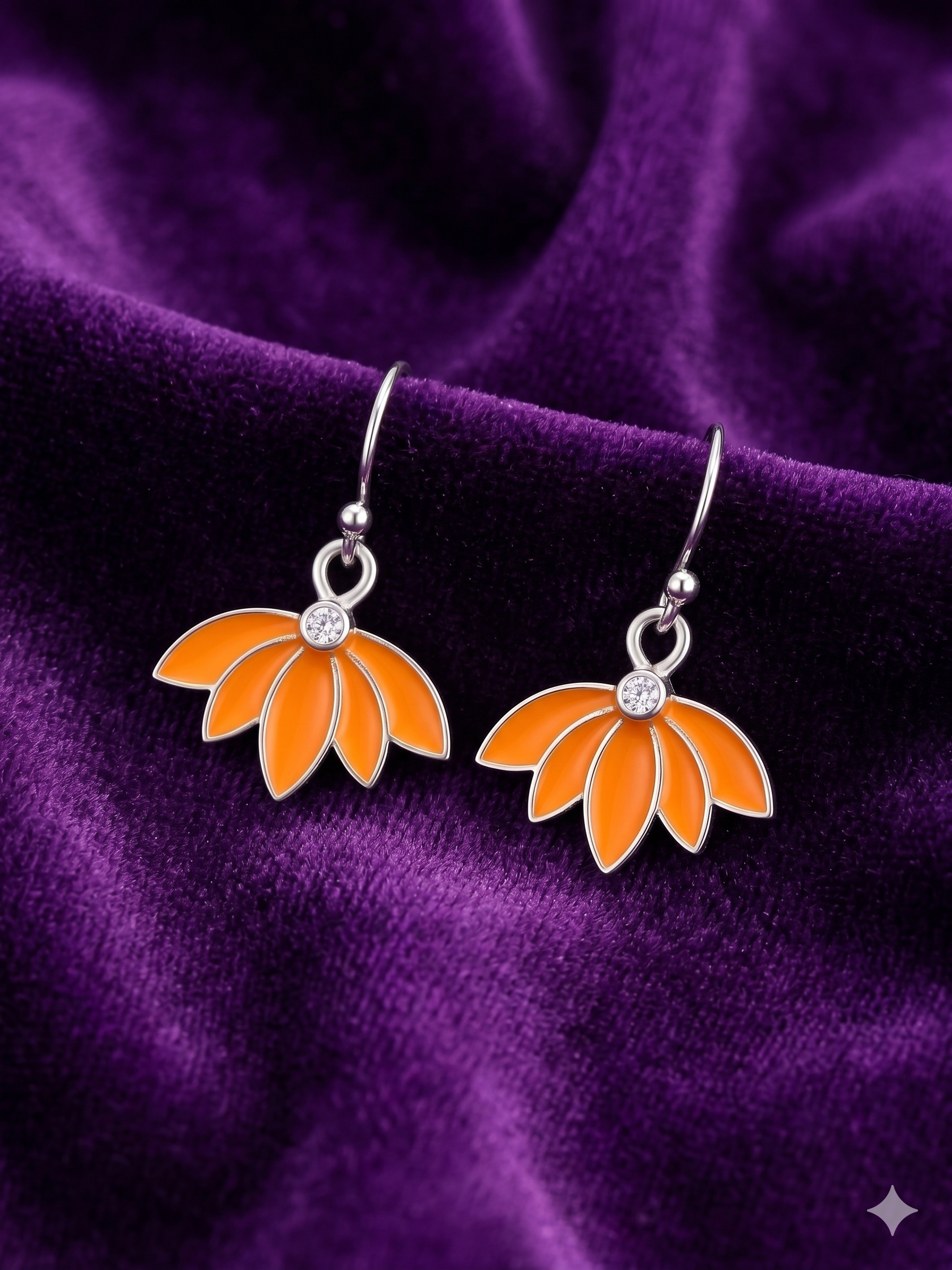 Madhubani Orange Lotus Meenakari Silver Dangle Earrings