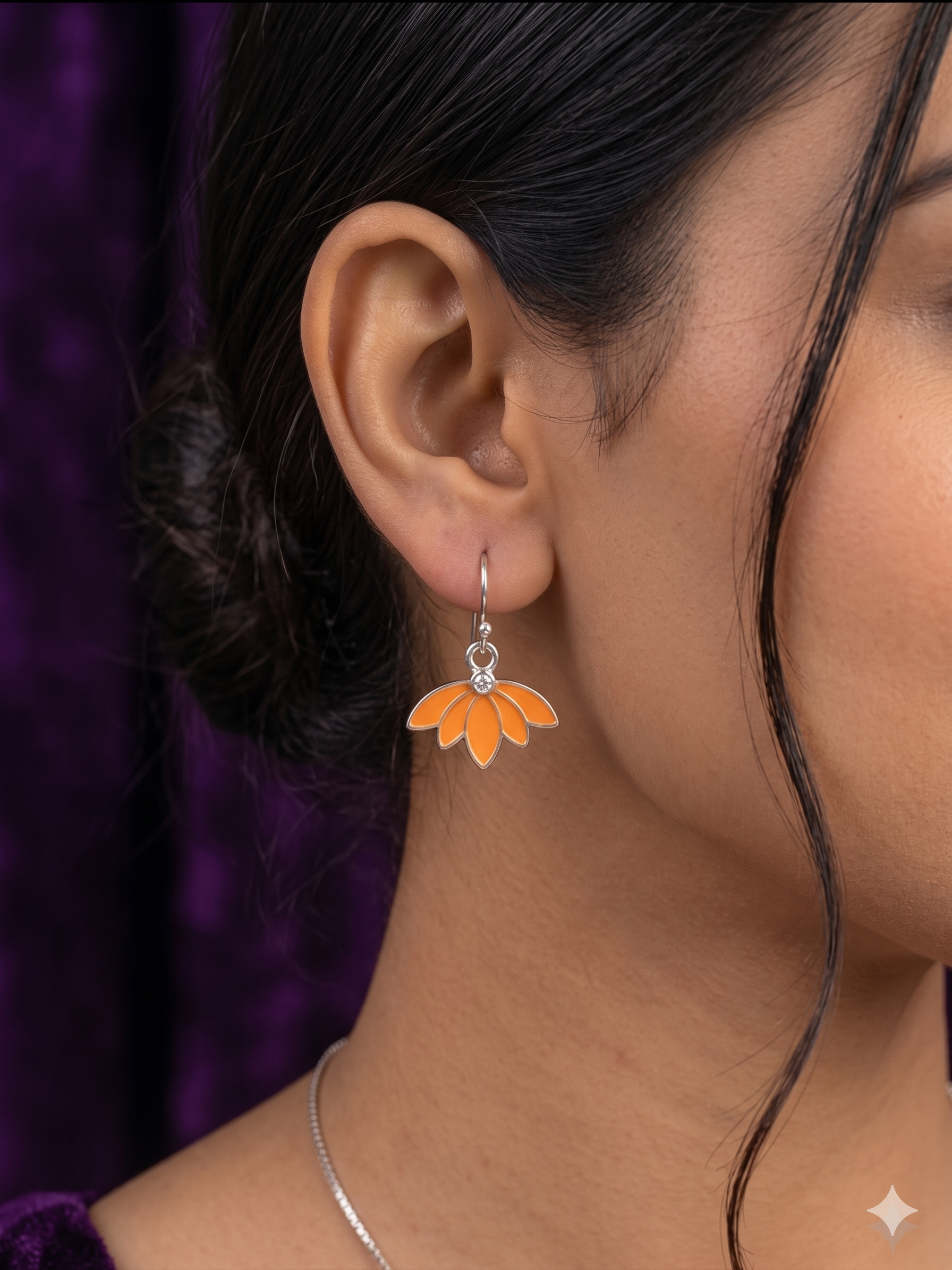Madhubani Orange Lotus Meenakari Silver Dangle Earrings