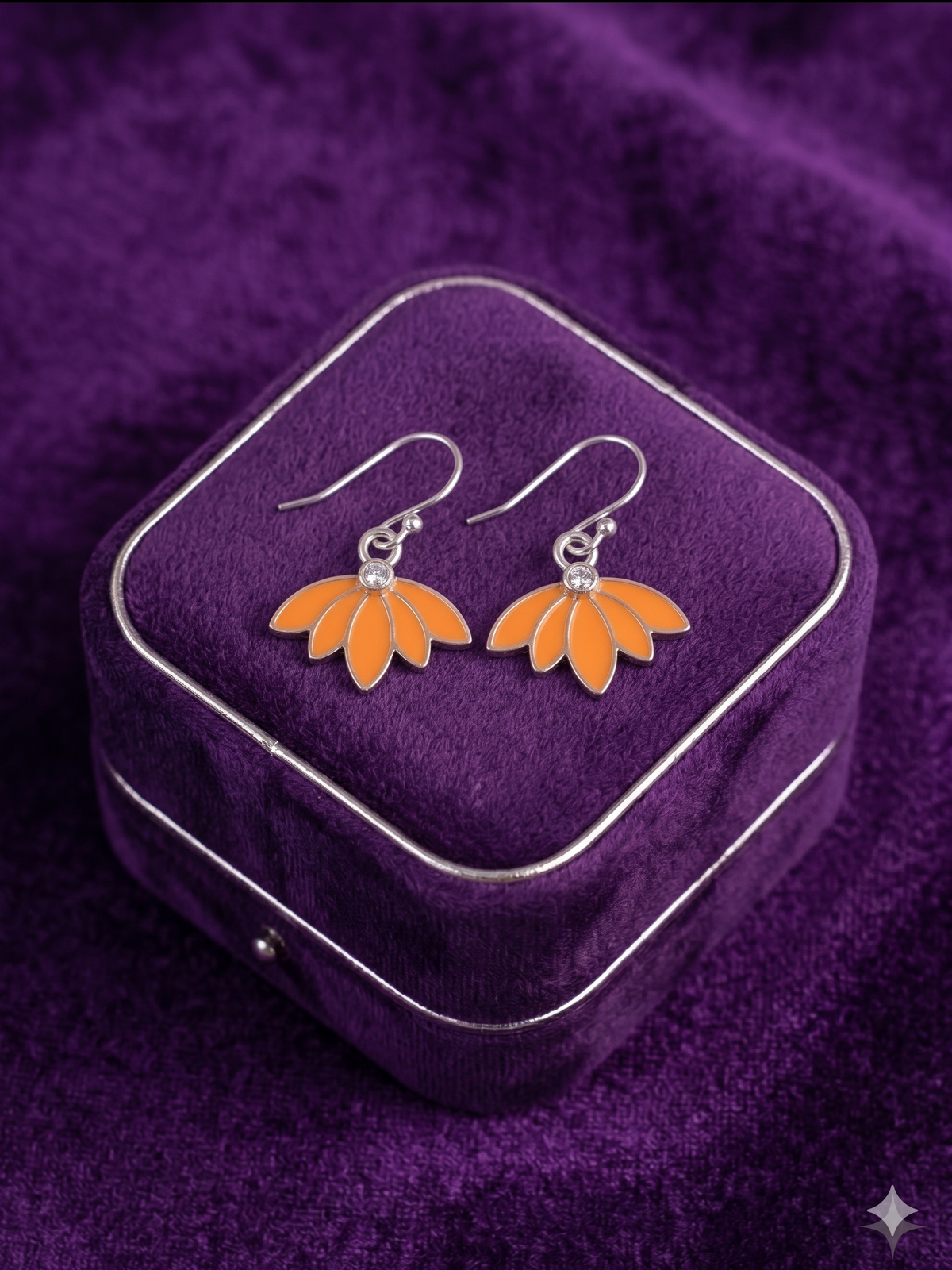 Madhubani Orange Lotus Meenakari Silver Dangle Earrings